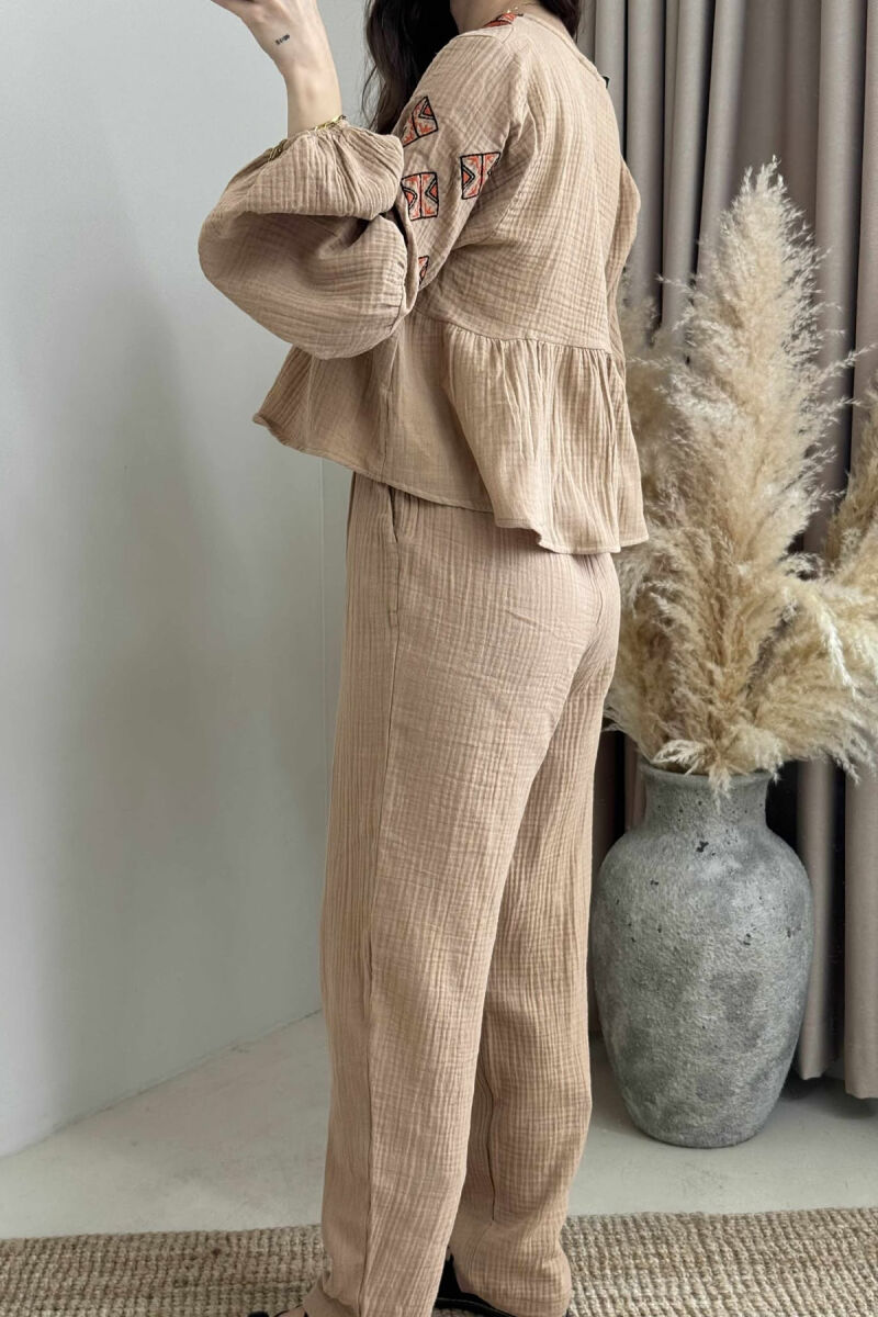 V NECK SWEATSHIRT+TROUSERS WOMEN SET LIGHT BROWN/KAZB - 3