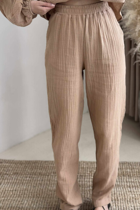 V NECK SWEATSHIRT+TROUSERS WOMEN SET LIGHT BROWN/KAZB - 4