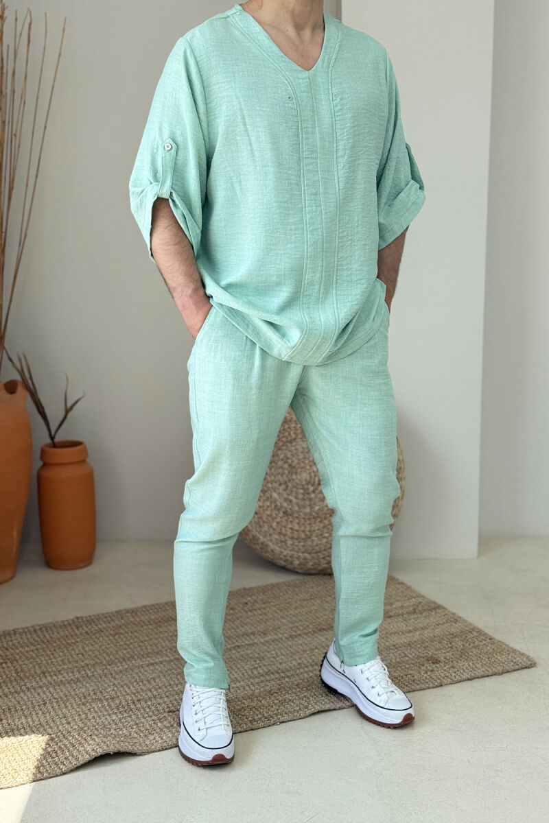 V NECK T-SHIRT+PANTS ONE COLOR MEN SET MINT/MENTE - 1