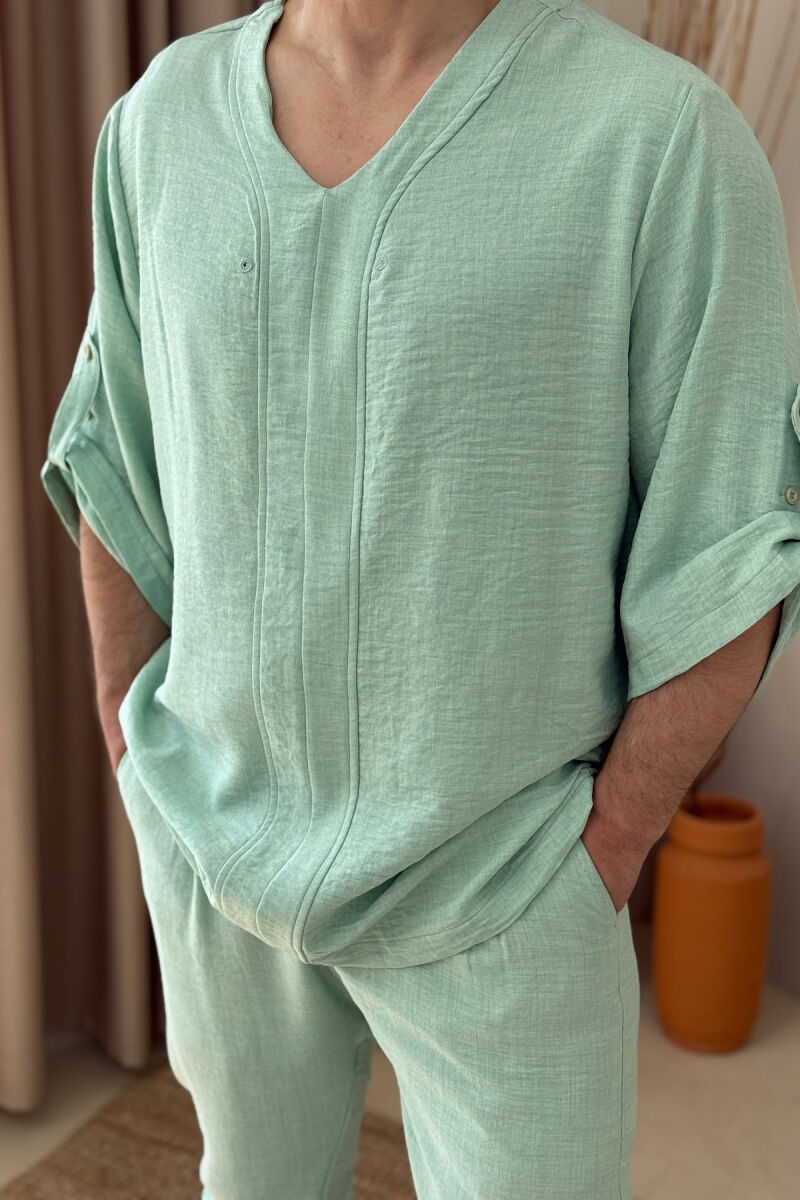 V NECK T-SHIRT+PANTS ONE COLOR MEN SET MINT/MENTE - 2