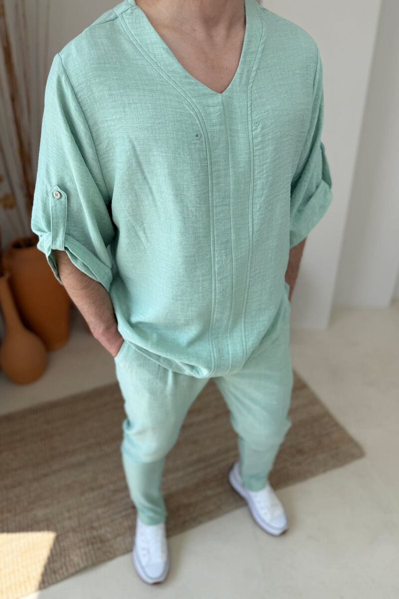 V NECK T-SHIRT+PANTS ONE COLOR MEN SET MINT/MENTE - 5