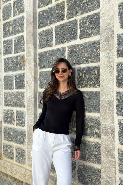 V NECK TULLE DETAIL WOMAN SWEATSHIRT BLACK/ E ZEZE - 