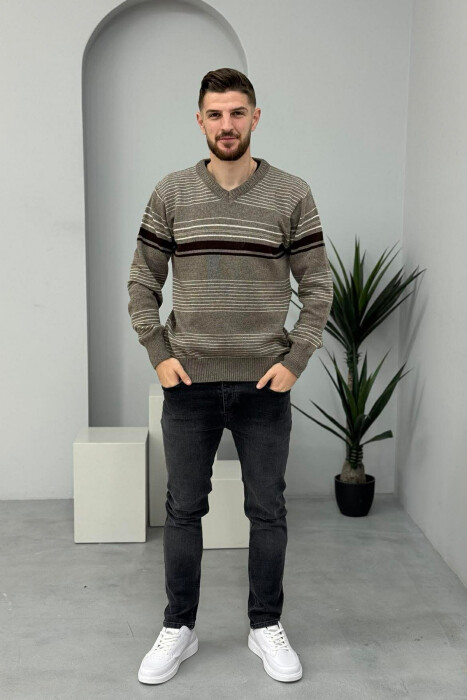 V NECK STRIPES MEN SWEATER LIGHT BROWN/KAZB 