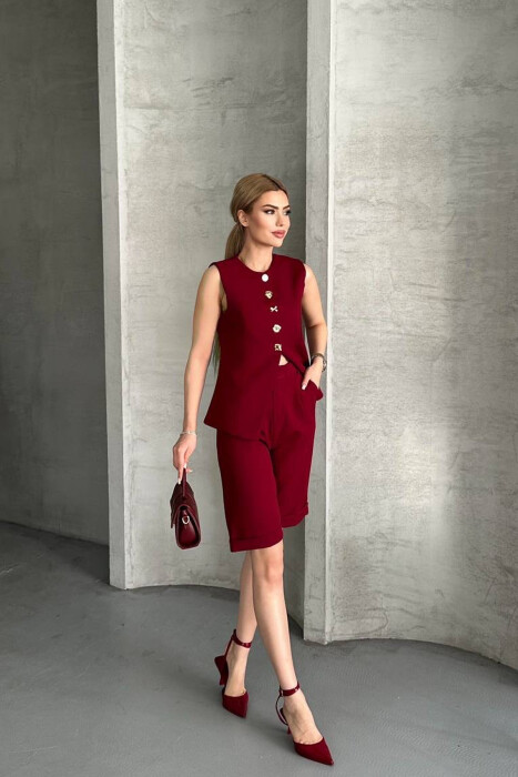VEST+SHORTS BUTTONS DETAIL WOMEN SET BURGUNDY/VISHNJE - 4