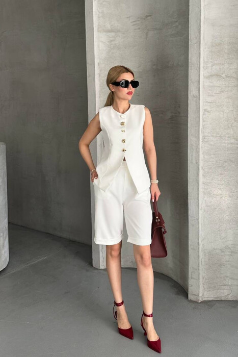 VEST+SHORTS BUTTONS DETAIL WOMEN SET WHITE-E BARDHE - 6