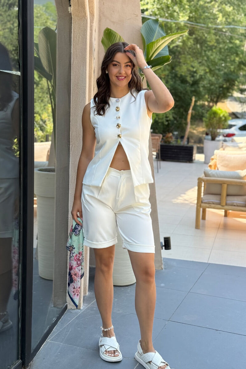 VEST+SHORTS BUTTONS DETAIL WOMEN SET WHITE-E BARDHE - 2