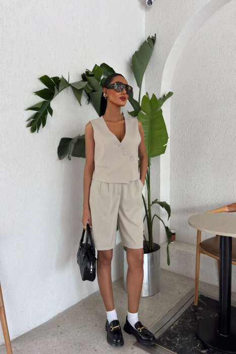 VEST+SHORTS BUTTONS ONE COLOR WOMEN SET BEIGE/BEZHE 