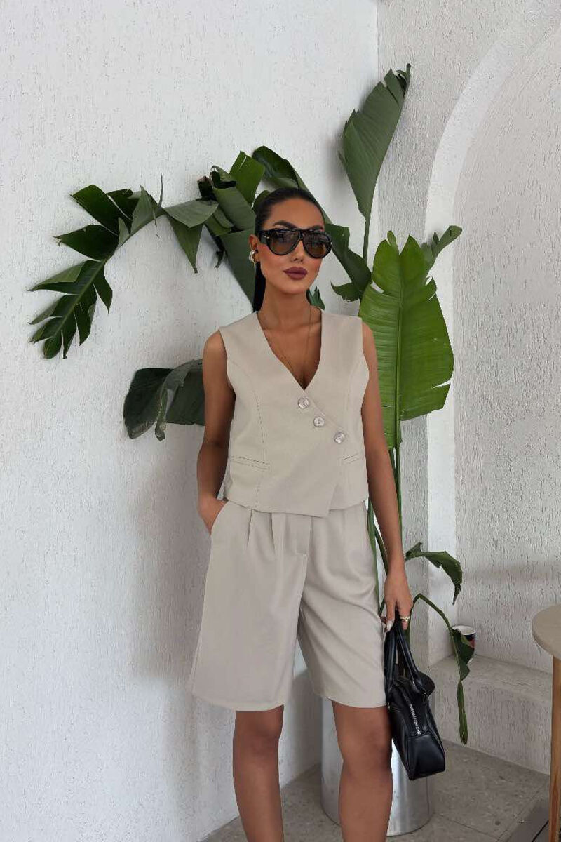 VEST+SHORTS BUTTONS ONE COLOR WOMEN SET BEIGE/BEZHE - 4