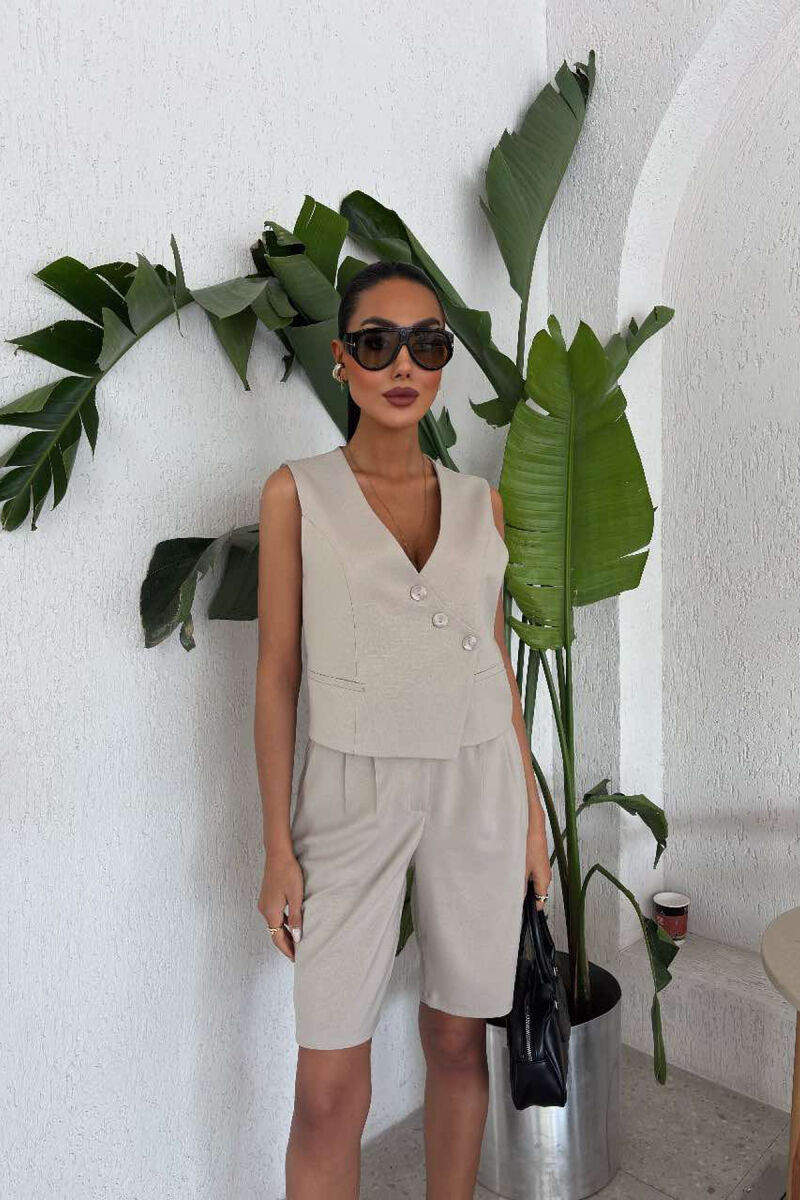 VEST+SHORTS BUTTONS ONE COLOR WOMEN SET BEIGE/BEZHE - 5