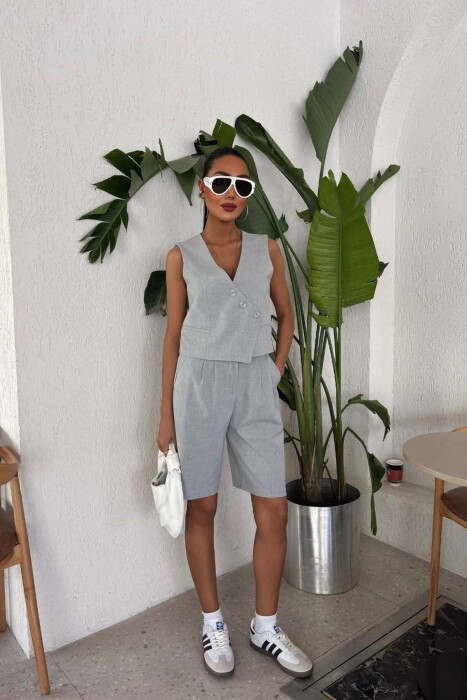VEST+SHORTS BUTTONS ONE COLOR WOMEN SET LIGHT GREY/GZ 