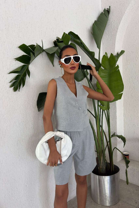 VEST+SHORTS BUTTONS ONE COLOR WOMEN SET LIGHT GREY/GZ - 2