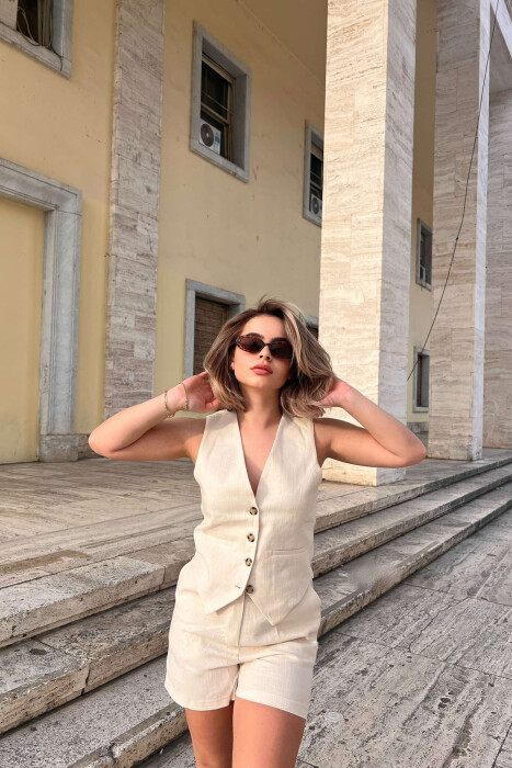 VEST+SHORTS ELASTIC WAIST BELT DETAIL WOMEN SET CREAM/KREM - 2