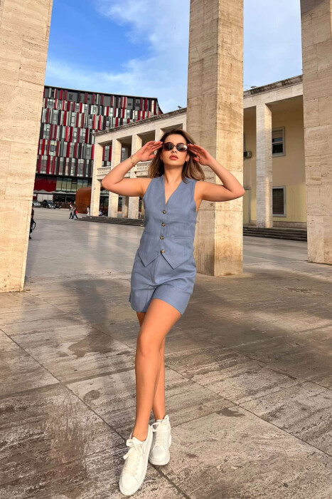 VEST+SHORTS ELASTIC WAIST BELT DETAIL WOMEN SET LIGHTBLUE/BZ 