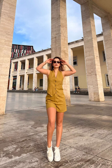 VEST+SHORTS ELASTIC WAIST BELT DETAIL WOMEN SET OLIVE/ULLI - 1