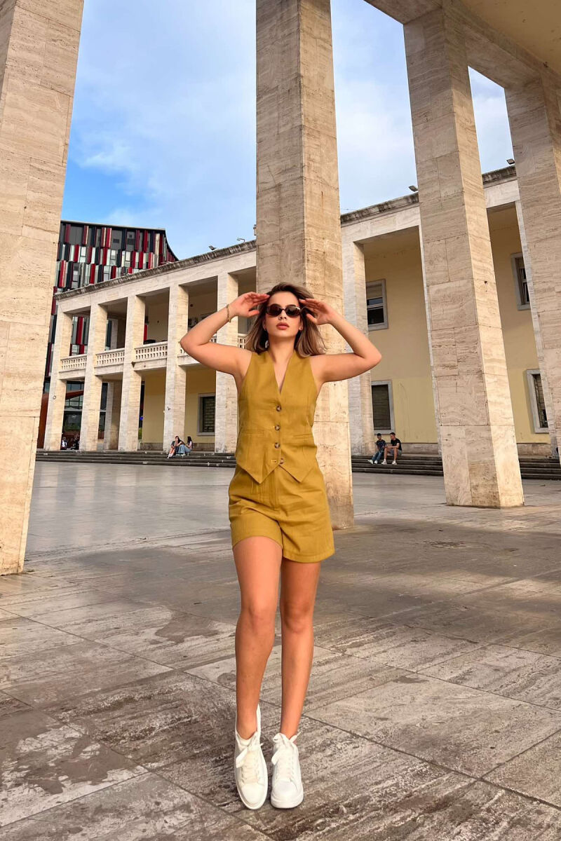 VEST+SHORTS ELASTIC WAIST BELT DETAIL WOMEN SET OLIVE/ULLI - 1