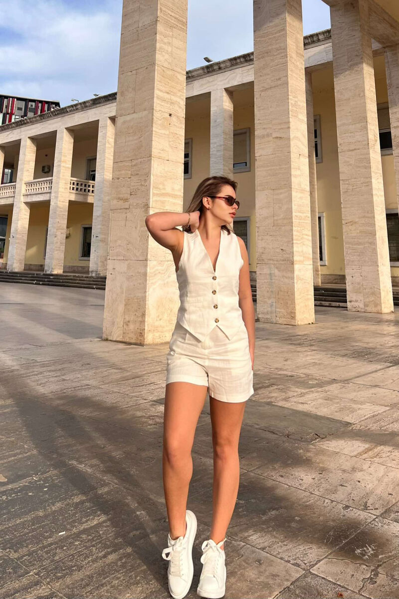 VEST+SHORTS ELASTIC WAIST BELT DETAIL WOMEN SET WHITE-E BARDHE - 2