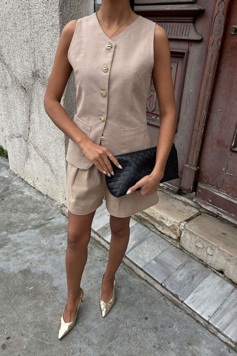 VEST+SHORTS GOLD BUTTONS LACING WOMEN SET BEIGE/BEZHE - 3