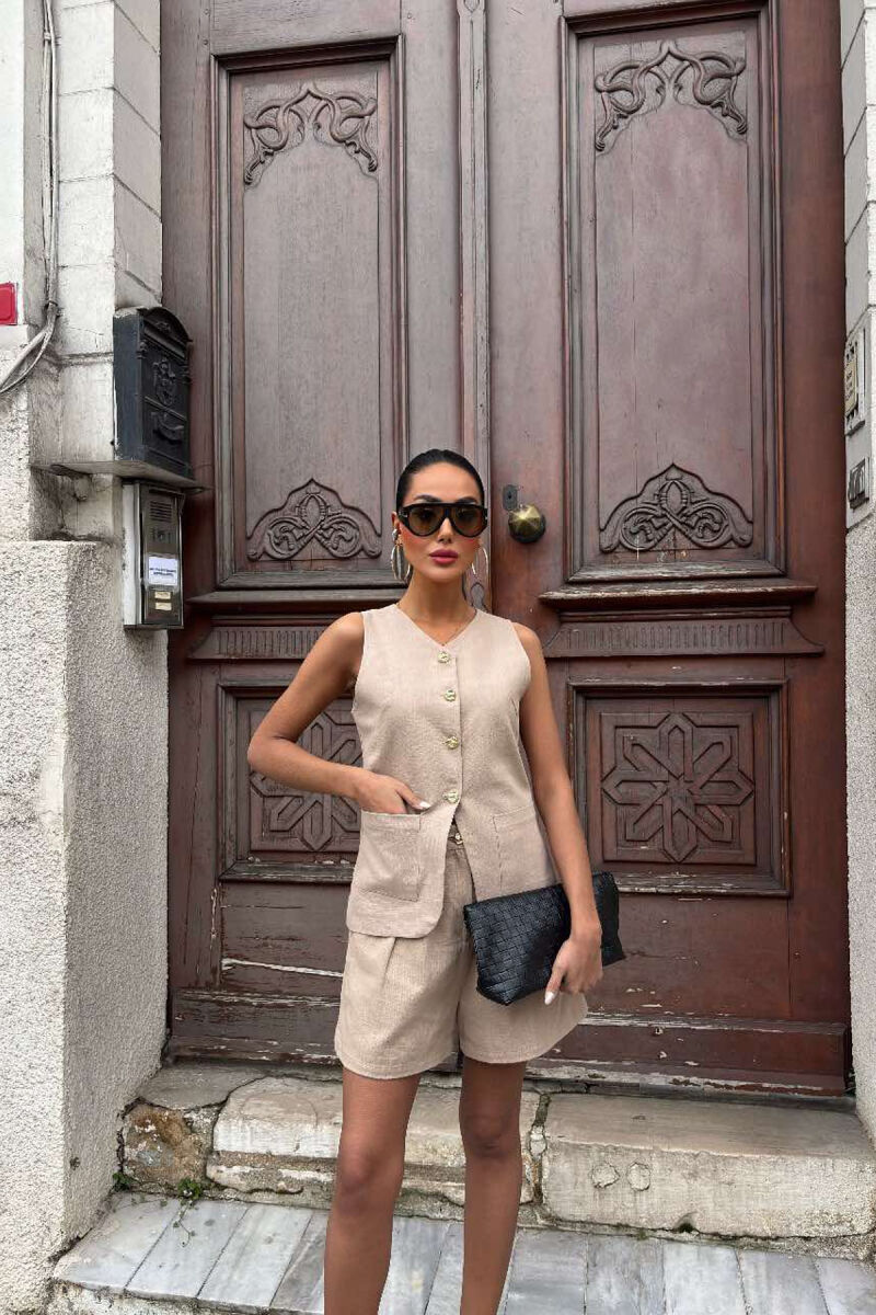 VEST+SHORTS GOLD BUTTONS LACING WOMEN SET BEIGE/BEZHE - 6