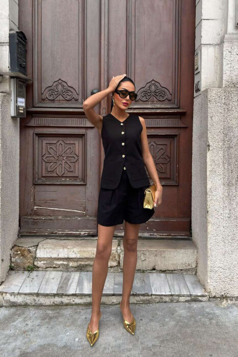 VEST+SHORTS GOLD BUTTONS LACING WOMEN SET BLACK/ E ZEZE - 3