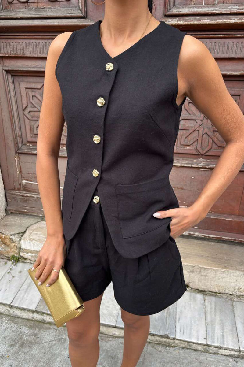 VEST+SHORTS GOLD BUTTONS LACING WOMEN SET BLACK/ E ZEZE - 6