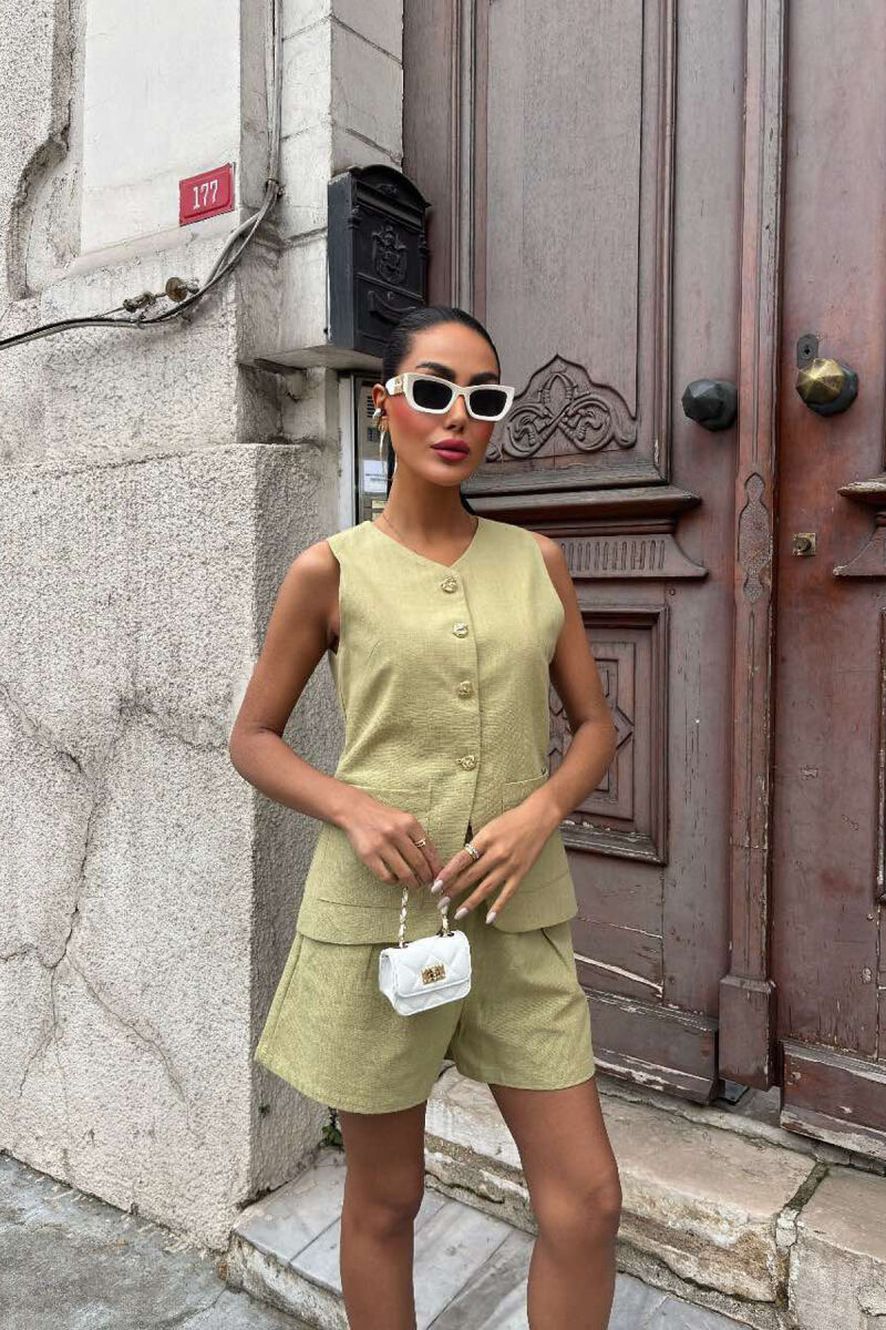 VEST+SHORTS GOLD BUTTONS LACING WOMEN SET MINT/MENTE - 1