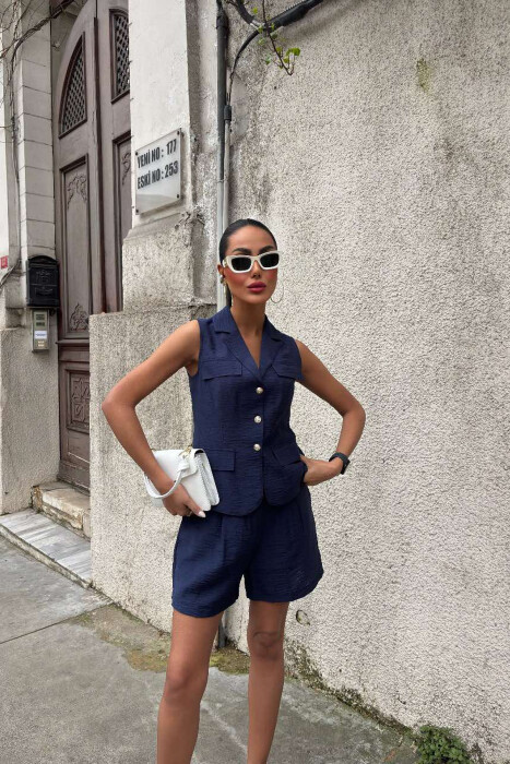 VEST+SHORTS ONE COLOR SIMPLE WOMEN SET DARK BLUE/BEE - 3