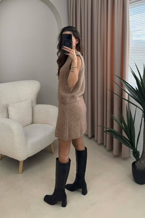 VEST+SKIRT BUTTONS DETAIL KNIT WOMEN SET BEIGE/BEZHE - 3