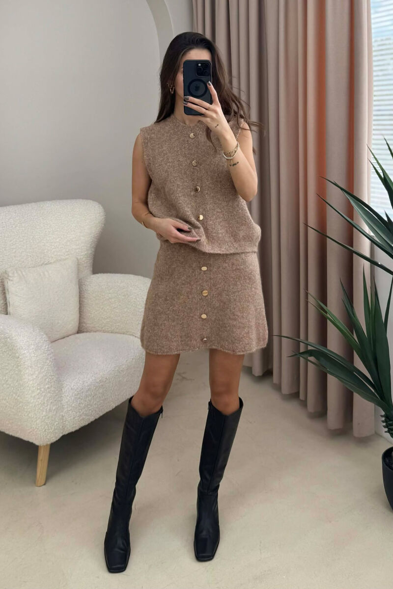 VEST+SKIRT BUTTONS DETAIL KNIT WOMEN SET BEIGE/BEZHE - 4