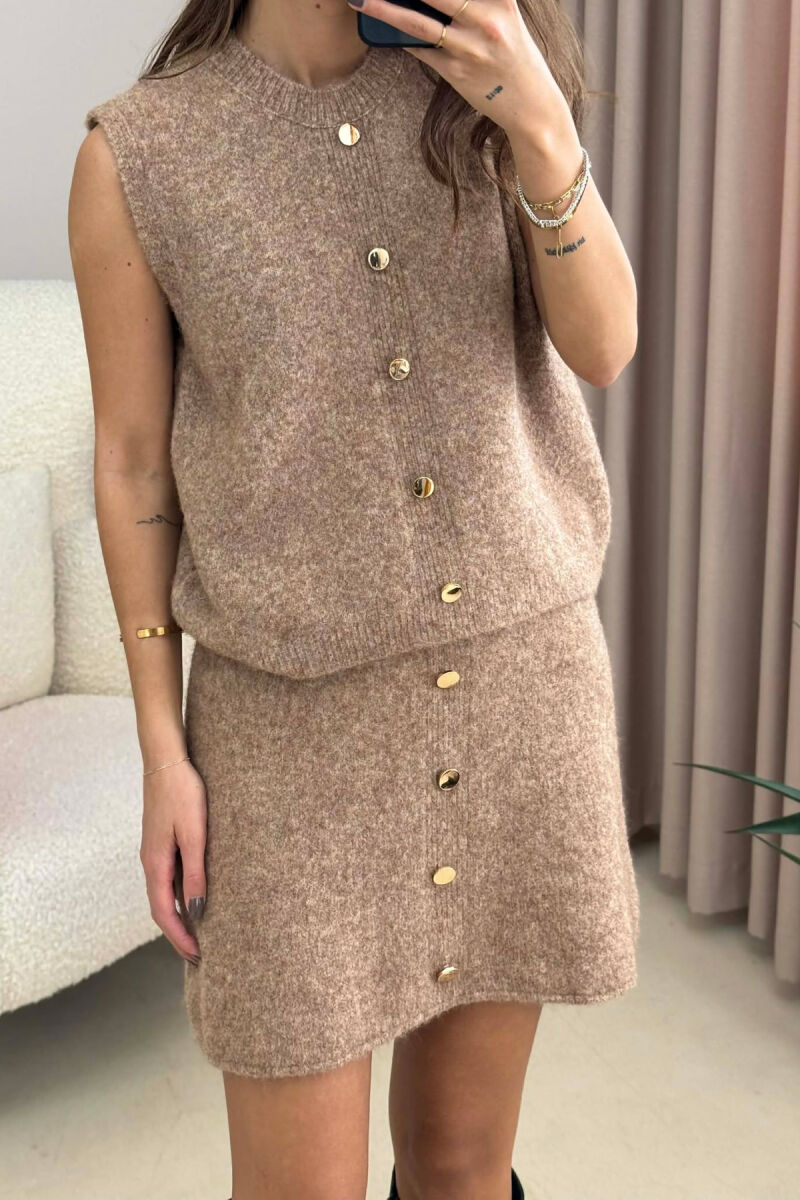 VEST+SKIRT BUTTONS DETAIL KNIT WOMEN SET BEIGE/BEZHE - 5