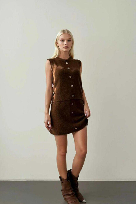 VEST+SKIRT BUTTONS DETAIL KNIT WOMEN SET BROWN/KAFE - 1