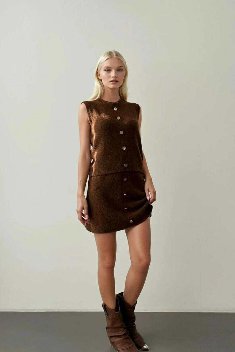 VEST+SKIRT BUTTONS DETAIL KNIT WOMEN SET BROWN/KAFE - 1