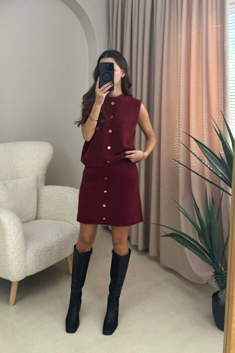 VEST+SKIRT BUTTONS DETAIL KNIT WOMEN SET BURGUNDY/VISHNJE - 2