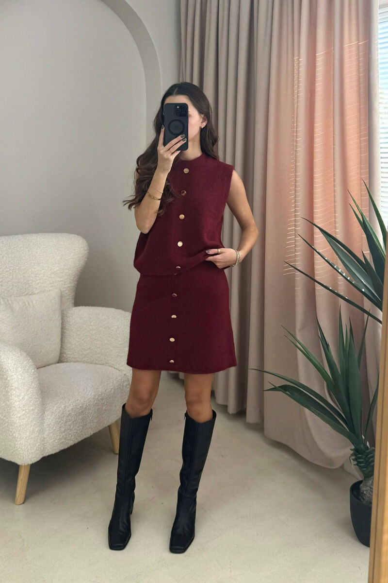 VEST+SKIRT BUTTONS DETAIL KNIT WOMEN SET BURGUNDY/VISHNJE - 2
