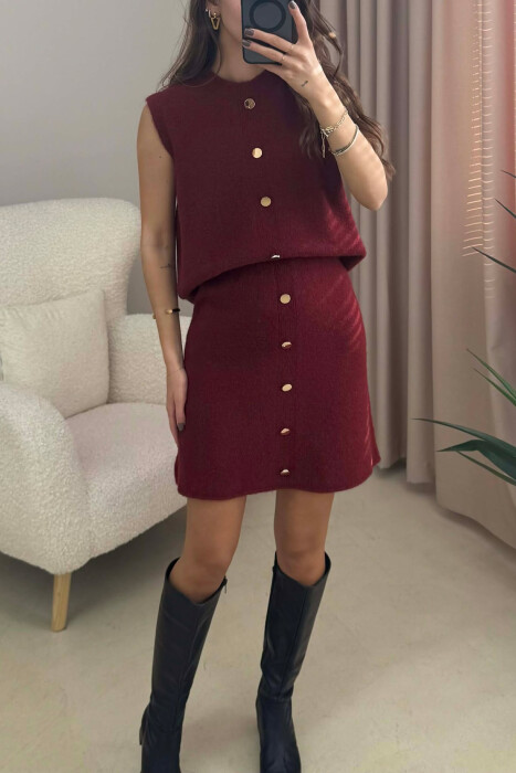 VEST+SKIRT BUTTONS DETAIL KNIT WOMEN SET BURGUNDY/VISHNJE - 3