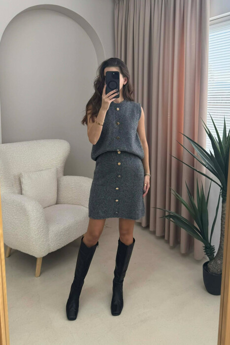 VEST+SKIRT BUTTONS DETAIL KNIT WOMEN SET DARK GREY/GEE - 1