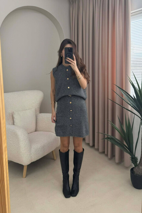 VEST+SKIRT BUTTONS DETAIL KNIT WOMEN SET DARK GREY/GEE - 2