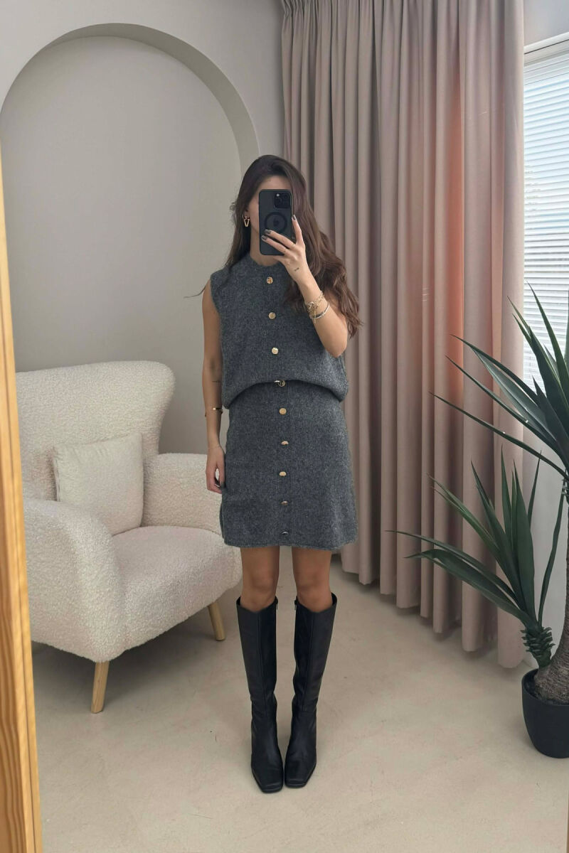VEST+SKIRT BUTTONS DETAIL KNIT WOMEN SET DARK GREY/GEE - 2