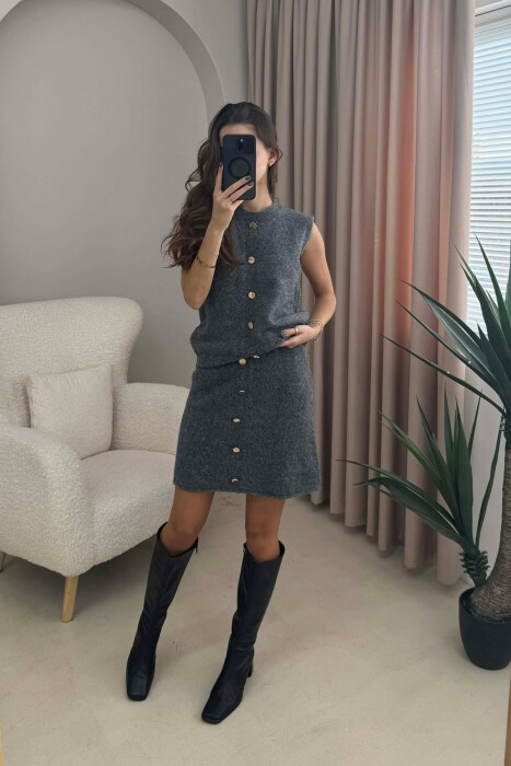 VEST+SKIRT BUTTONS DETAIL KNIT WOMEN SET DARK GREY/GEE - 3