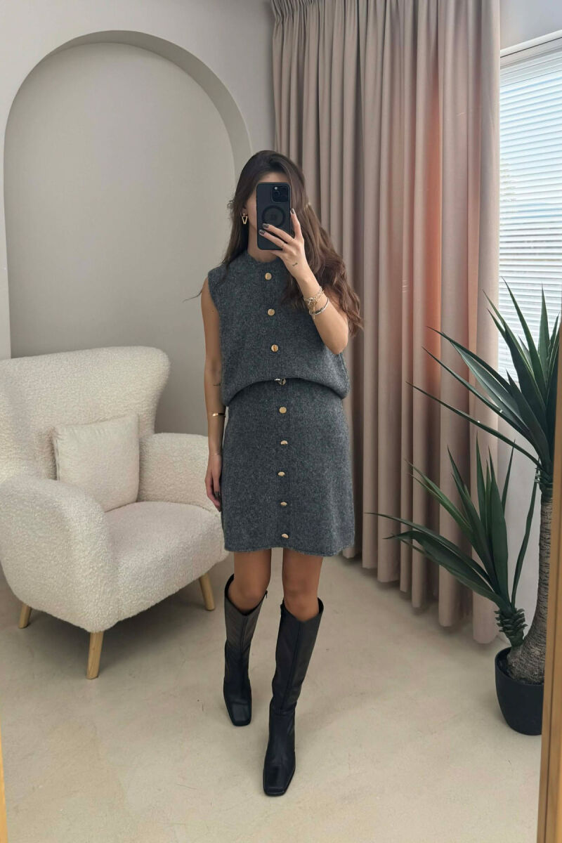 VEST+SKIRT BUTTONS DETAIL KNIT WOMEN SET DARK GREY/GEE - 4