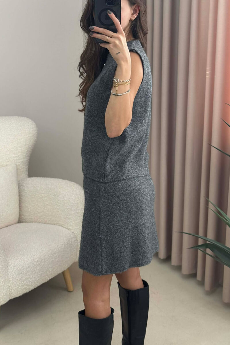VEST+SKIRT BUTTONS DETAIL KNIT WOMEN SET DARK GREY/GEE - 5