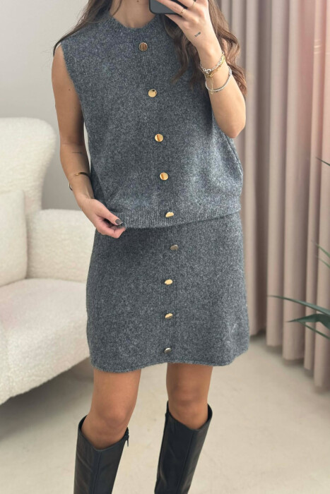 VEST+SKIRT BUTTONS DETAIL KNIT WOMEN SET DARK GREY/GEE - 6