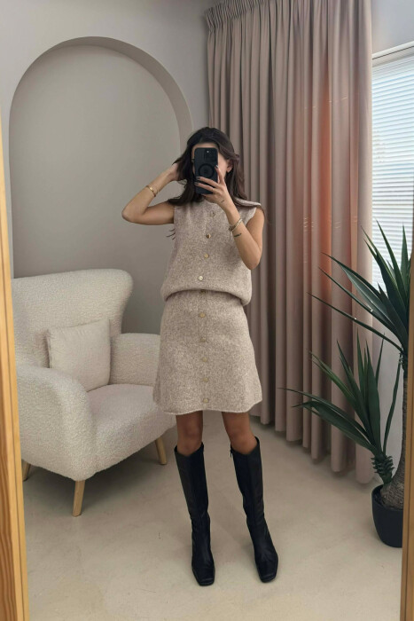 VEST+SKIRT BUTTONS DETAIL KNIT WOMEN SET LIGHT BEIGE/BZHZB - 1
