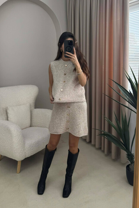 VEST+SKIRT BUTTONS DETAIL KNIT WOMEN SET LIGHT BEIGE/BZHZB - 2