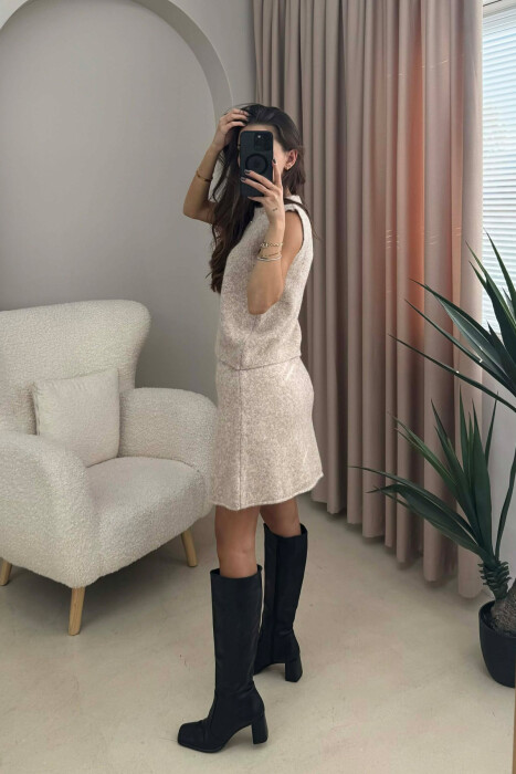 VEST+SKIRT BUTTONS DETAIL KNIT WOMEN SET LIGHT BEIGE/BZHZB - 3