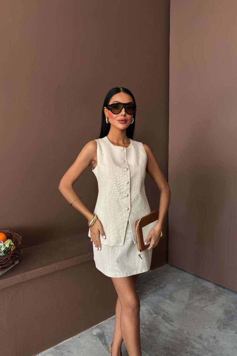 VEST+SKIRT ONE COLOR BUTTONS WOMEN SET LIGHT BEIGE/BZHZB - 1