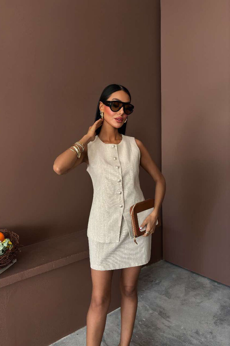 VEST+SKIRT ONE COLOR BUTTONS WOMEN SET LIGHT BEIGE/BZHZB - 2