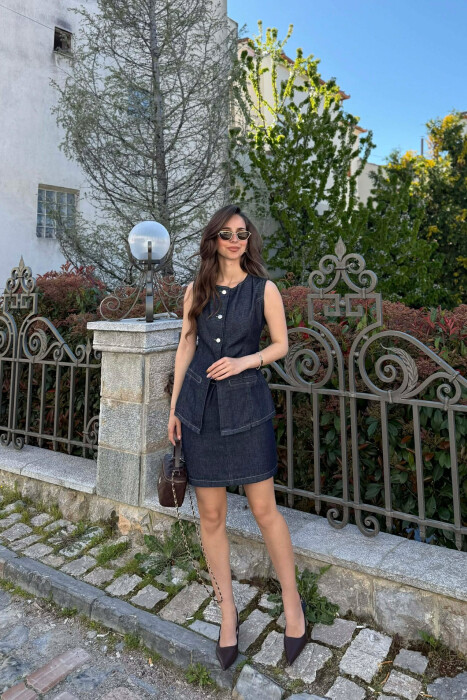 VEST+SKIRT ONE COLOR DENIM WOMEN SET DARK BLUE/BEE - KLAUDIO FASHION