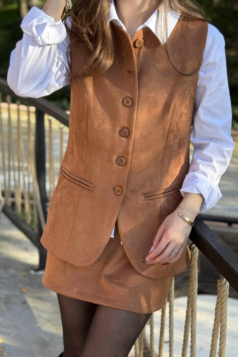 VEST+SKIRT ONE COLOR SIMPLE WOMEN SET BROWN/KAFE - 2