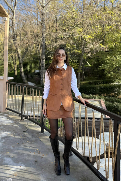 VEST+SKIRT ONE COLOR SIMPLE WOMEN SET BROWN/KAFE - 5