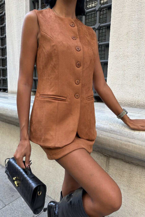 VEST+SKIRT ONE COLOR SIMPLE WOMEN SET BROWN/KAFE - 4